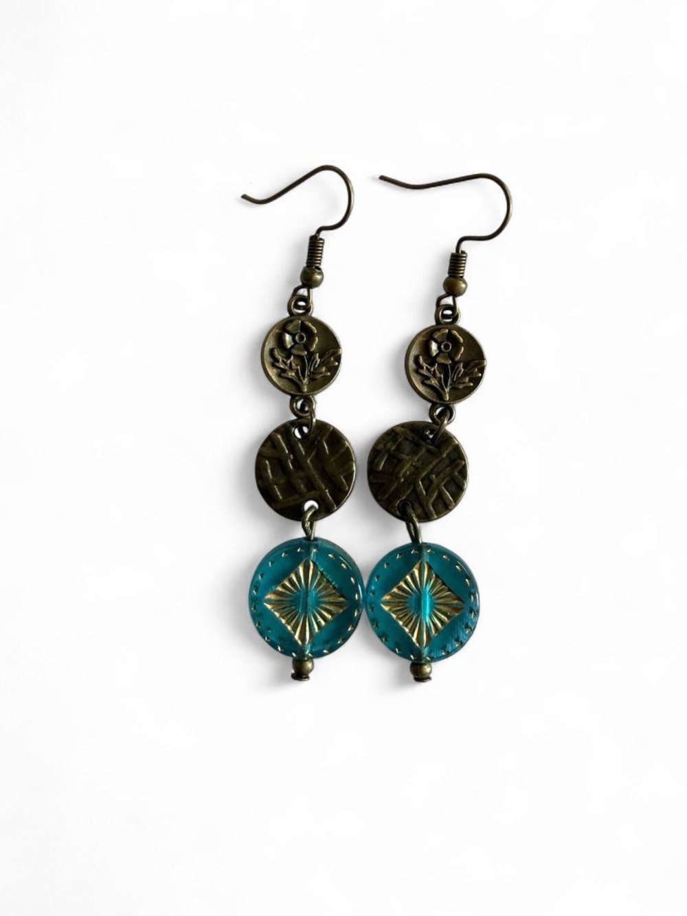 Handmade Vintage Style Bronze Floral & Aqua Blue Dangle Earrings